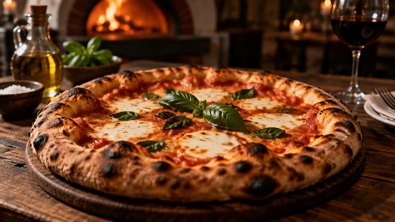Wood-fired margherita pizza at Pizzeria Maria Madalena
